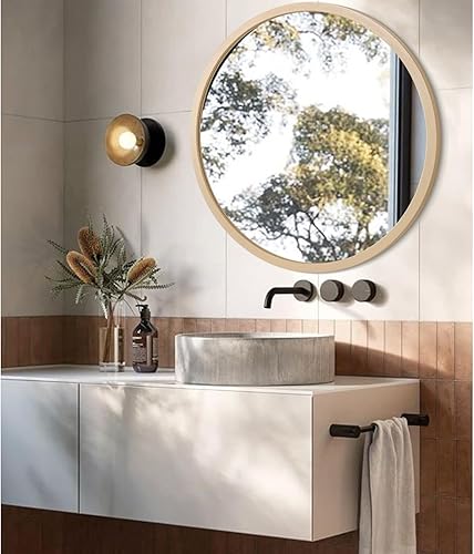 Miniatura 380 de JJUUYOU Espejo circular de pared redondo para baño, espejo de tocador gris, pequeño círculo decorativo para pared, marco de madera, espejo