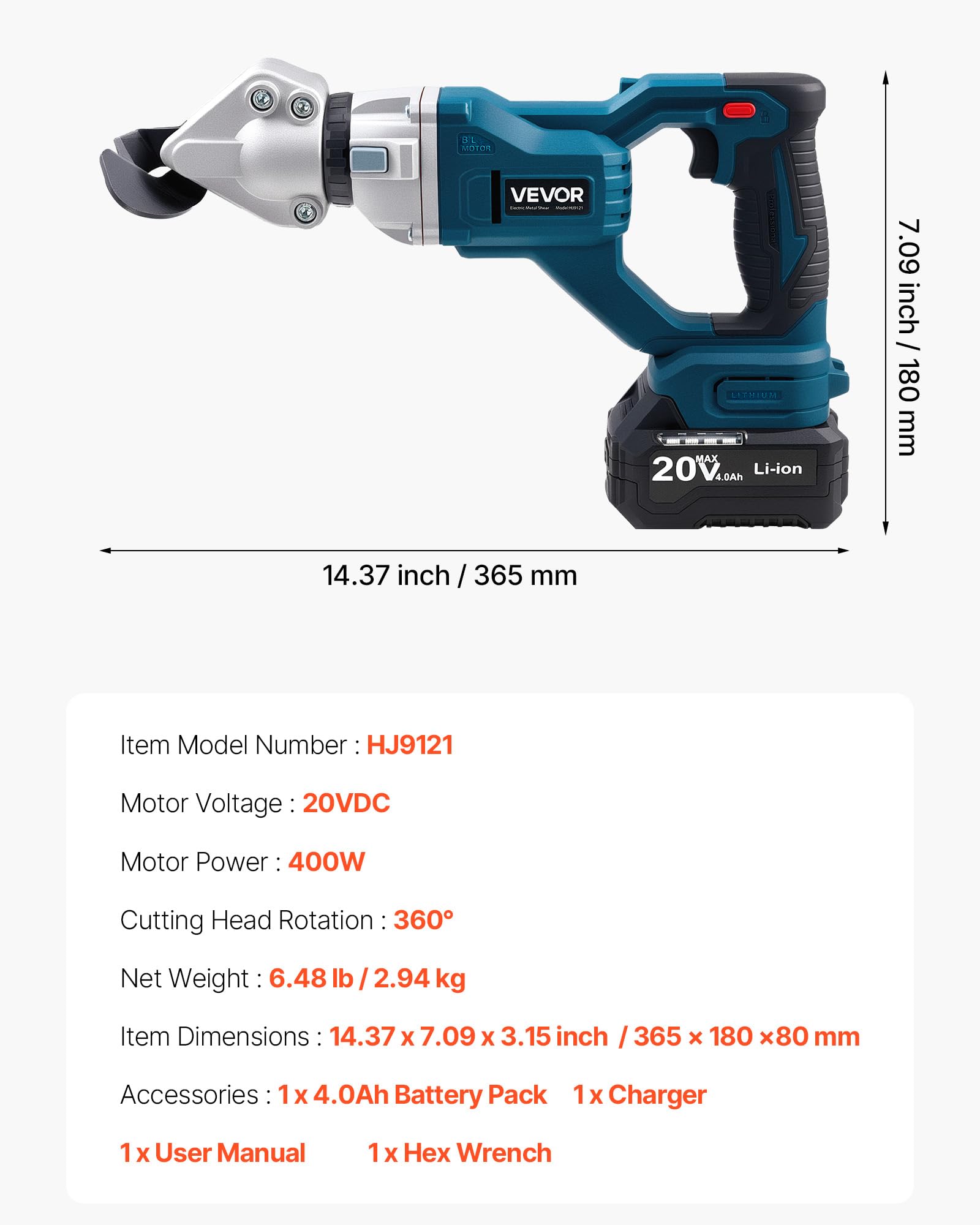 VEVOR Cisaille à Tôle Électrique, 20 V CC, Cisaille à Métaux sans Fil avec Tête Pivotante 360°, Double Lame, pour Acier Galvanisé 1,22 mm, Acier Inoxydable 1 mm, Aluminium, Plastique, Carton, 2800 SPM