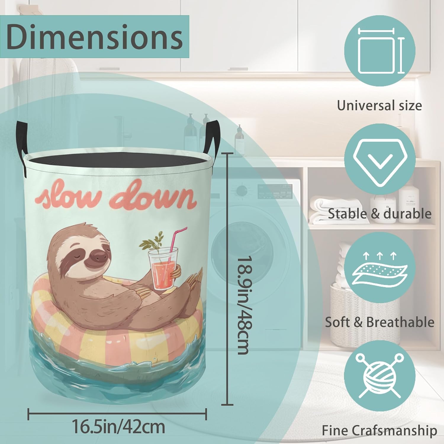 Sloth Round Laundry Hamper Storage Basket Toys Clothes Organizer Bin For Home Bathroom Bedroom Dorm Nursery