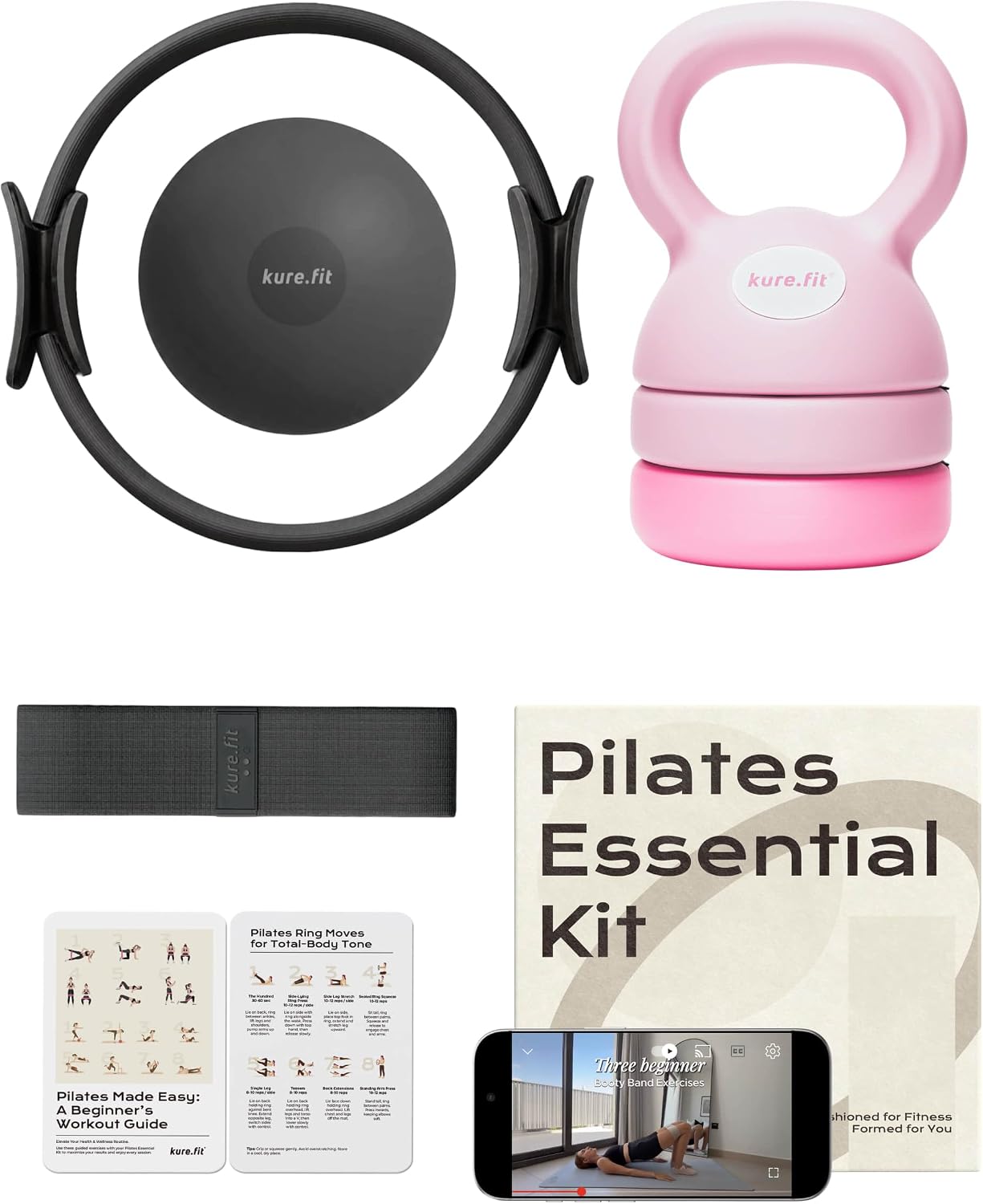 Black Pilates Kit and Pink Adjustable Kettlebell 5lb to 12lb Bundle