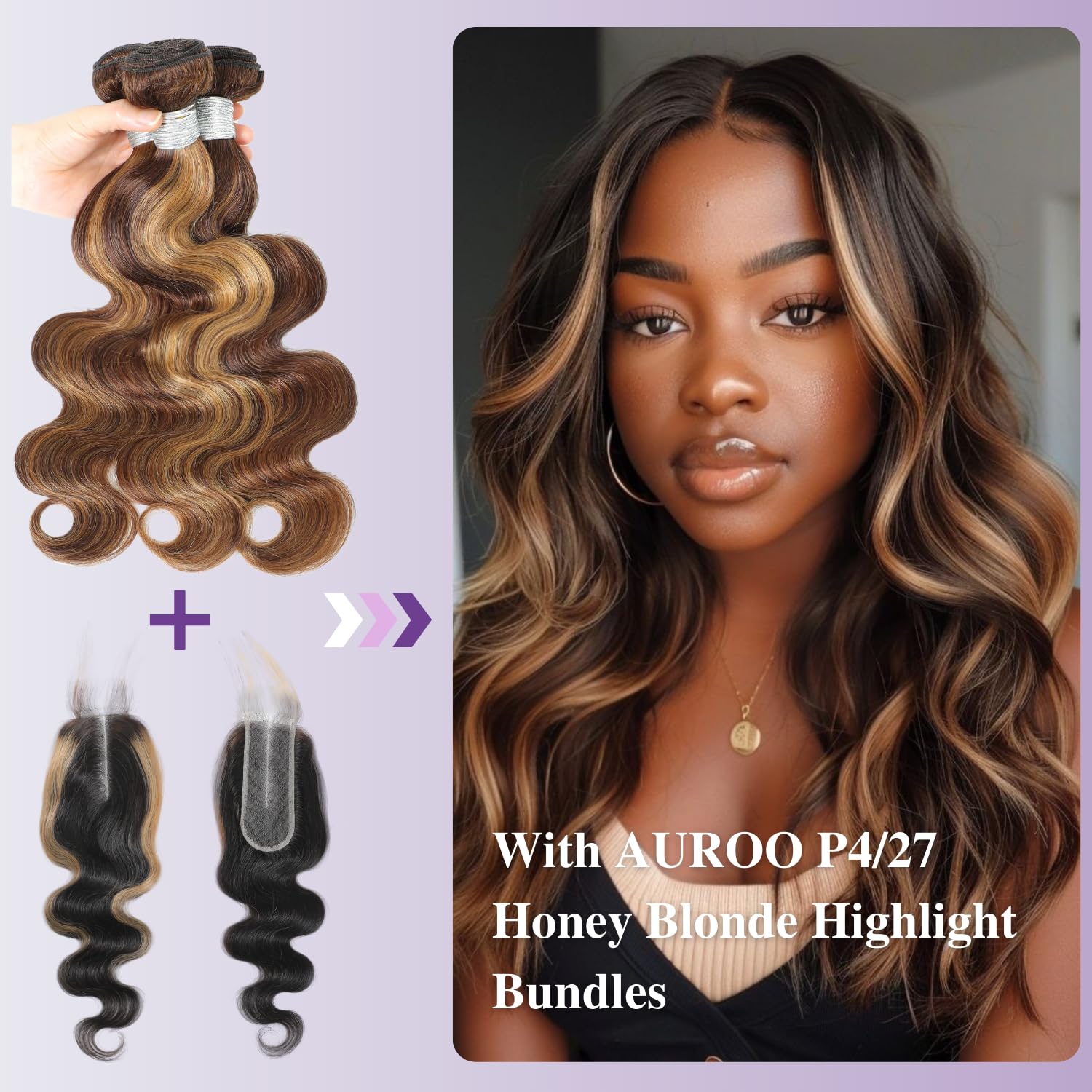 #27 Skunk Stripe 2x6 HD Lace Closure Only Human Hair Body Wave, 12A Honey Blonde Highlight Long Deep Middle Part 2 by 6 Kim K Transparent Lace Closure Pre Plucked Remy Hair (150% Density, 14 IN)