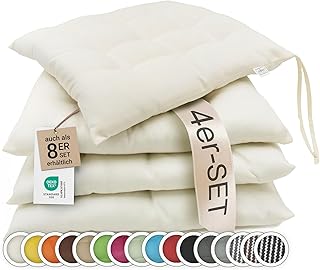 ZOLLNER 4er Set Sitzkissen in 40x40cm - gemütliche Stuhlkissen mit Bindebänder - waschbar bis 30°C - in Creme - Oeko Tex® Zertifiziert