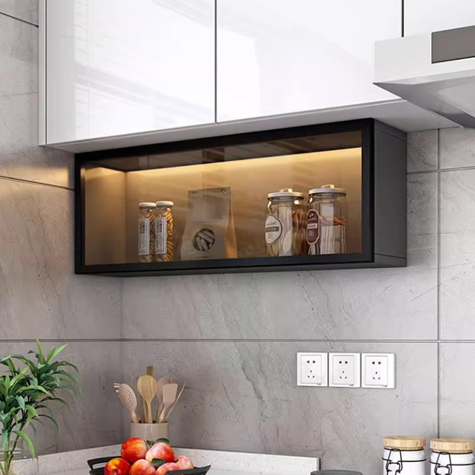 Vetrina da parete con ante e illuminazione, installazione senza trapano per cucina, bagno e sala da pranzo