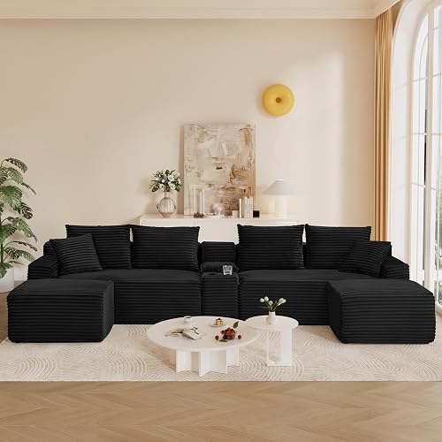 127" U Shaped Cloud Couch Modular Sectional Sofa, Comfy Fluffy Corduroy Black Boneless Sectional Couches for Living Room, Modern Cloud Sofas with Cup Holders & USB Port, Balck