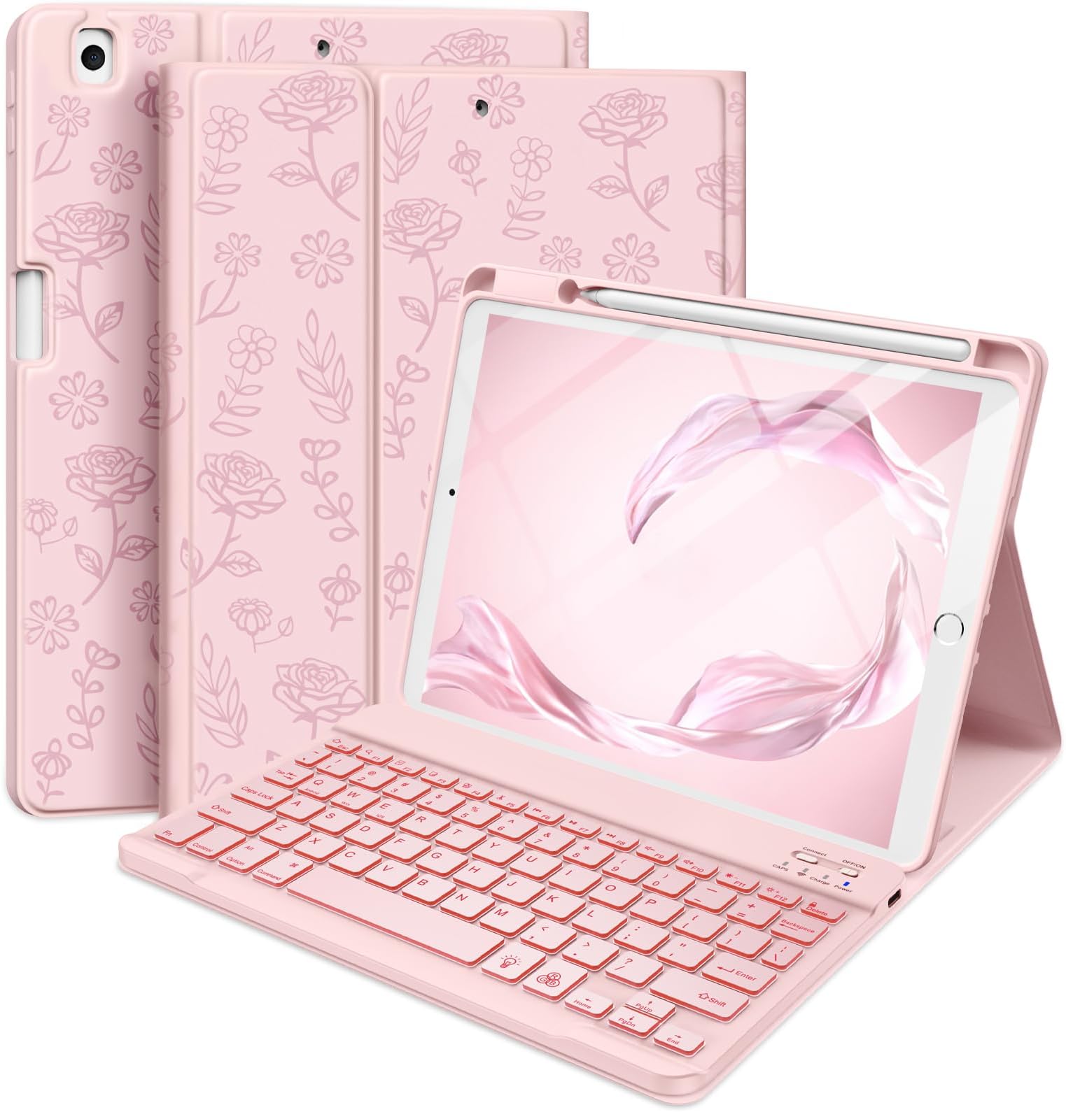 Hamile Keyboard Case for iPad 9th Generation 10.2 Inch - Backlit Wireless Detachable Folio Keyboard Cover with Pencil Holder for iPad 8th 7th Gen/iPad Pro 10.5" / iPad Air 3rd Gen (Pink Rose)