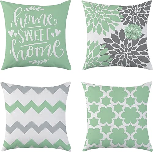 Juego de 4 fundas de almohada verdes de 18 x 18 pulgadas, fundas decorativas para primavera y verano, para exteriores, diseño geométrico floral para