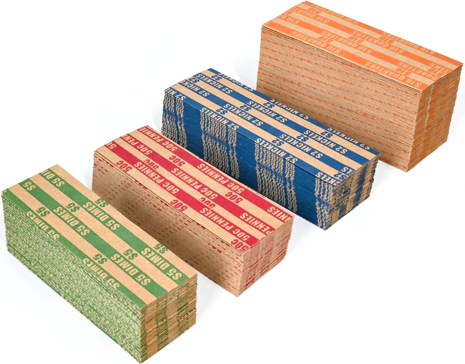 DGBDPACK 500 Assorted Flat Coin Wrappers, 100 Dimes, 100 Nickels, 100 Pennies, 200 Quarters Convenient Pack