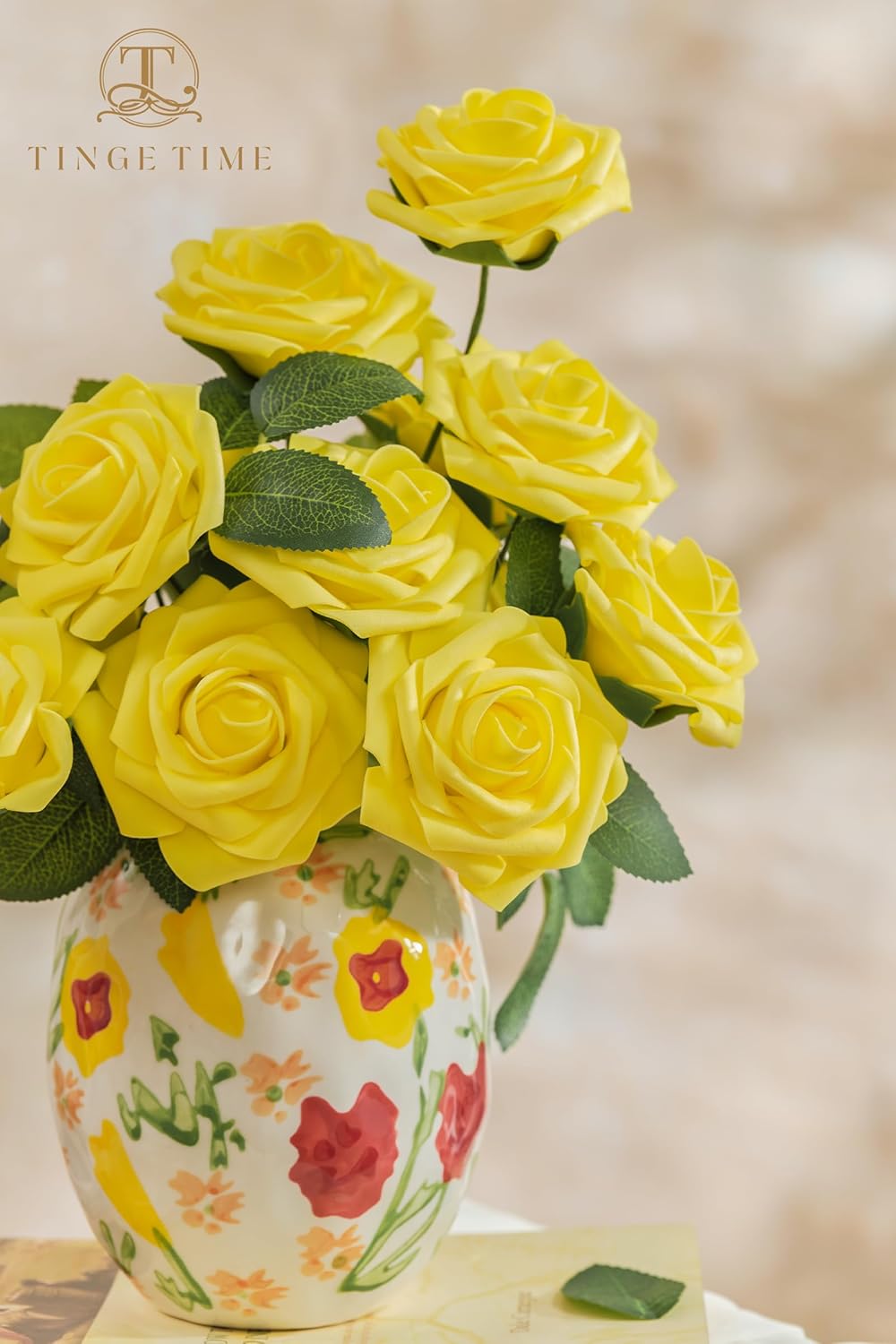 TINGE TIME Yellow Flowers Artificial Rose 25pcs Realistic Fake Roses for DIY Wedding Bouquet Baby Shower Centerpiece Floral Arrangement Party Home Cake Decorations - Image 5