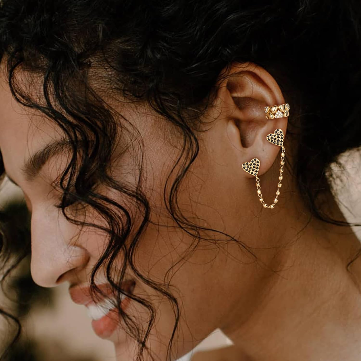 FETTERO Gold Chain Earrings for Women Double Piercing Earrings 14K Gold Plated Trendy Dainty Hypoallergenic Studs CZ Heart Earrings for Sensitive Ears Drop Dangle Earrings for Women Jewelry - Image 4