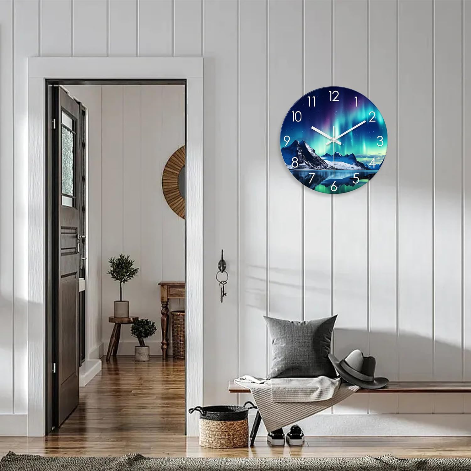 XNM Aurora Teal Clocks for Living Room Modern Wall Clock Battery Operated 16 Inches or Larger Analog Glass Wall Clock Non Ticking