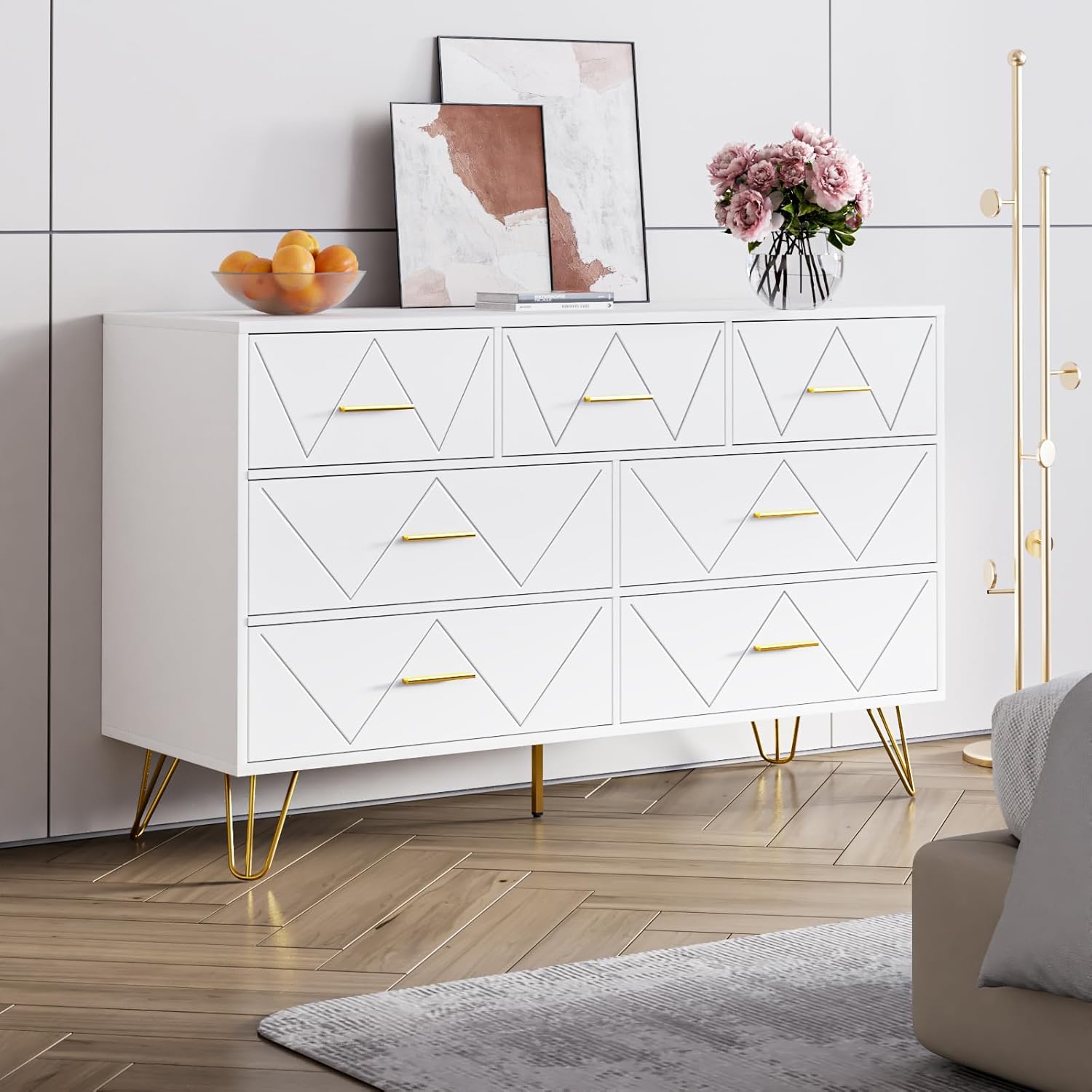 7 Drawers Dresser for Bedroom, White with Golden Legs & Handles, Wooden Chest of Drawer, Modern Dresser for Living Room, Hallway, Nursery - Image 3