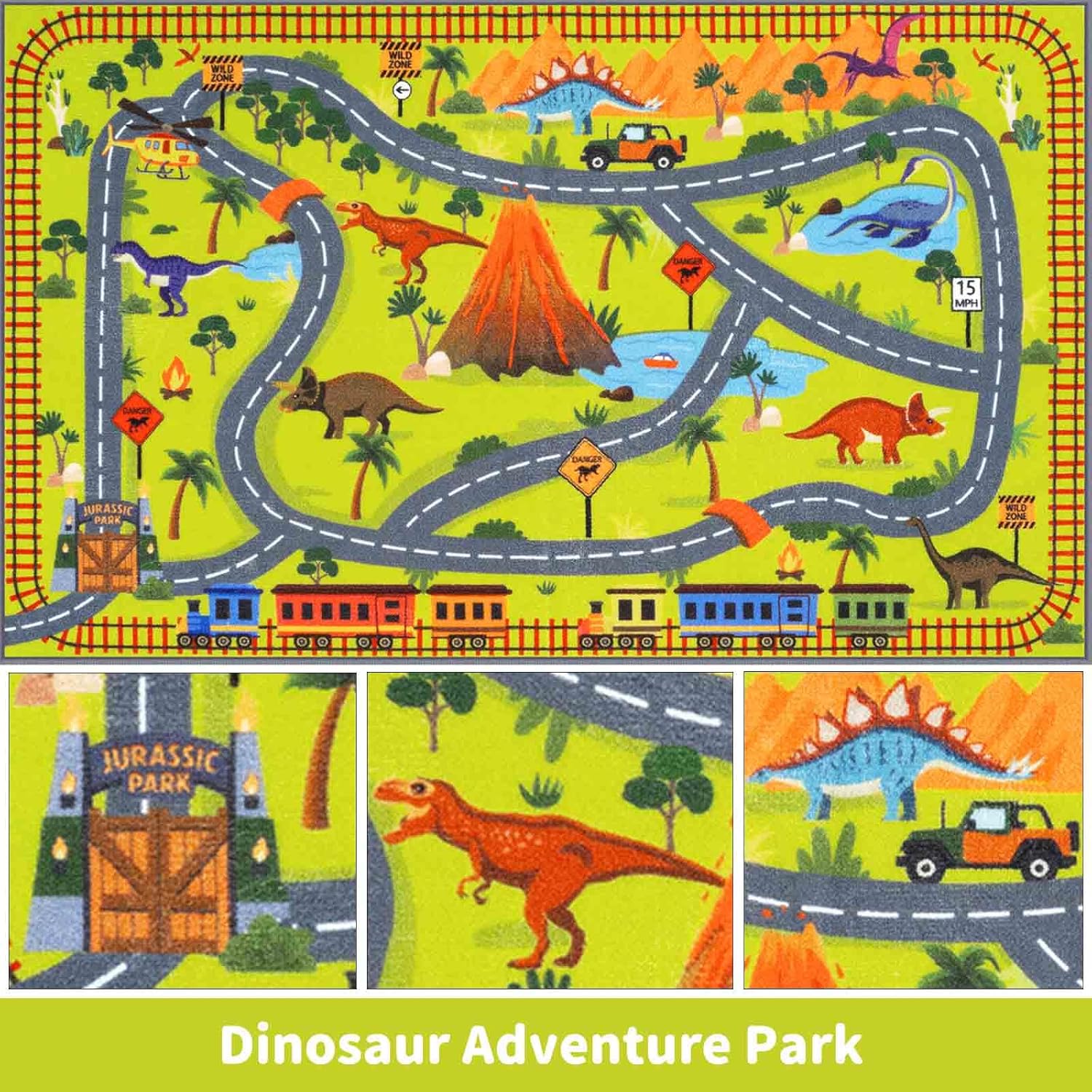 LIVEBOX Dinosaur Kids Play Rug, Washable Jurassic Park Themed Play Mat with Road Tracks, Non-Slip Dino Adventure Educational Car Carpet for Boys Bedroom Playroom (3x5 ft)