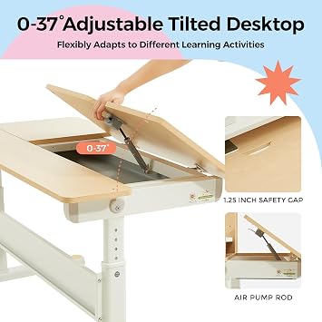 40in Kids Adjustable Desk, Solid Wood Study Table with Bookshelf & Storage, Ergonomic Wrist Rest, 0-50 Tilting Desktop, Height Adjustable 20.5-29.9 in for Kids Writing & Learning