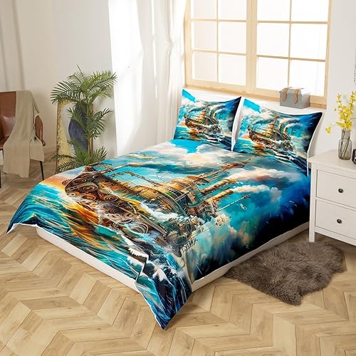 Miniatura 3 de Juego de funda de edredón retro para niños, tamaño individual, locomotora de vapor, aventura náutica del océano, decoración de habitación de niñas y