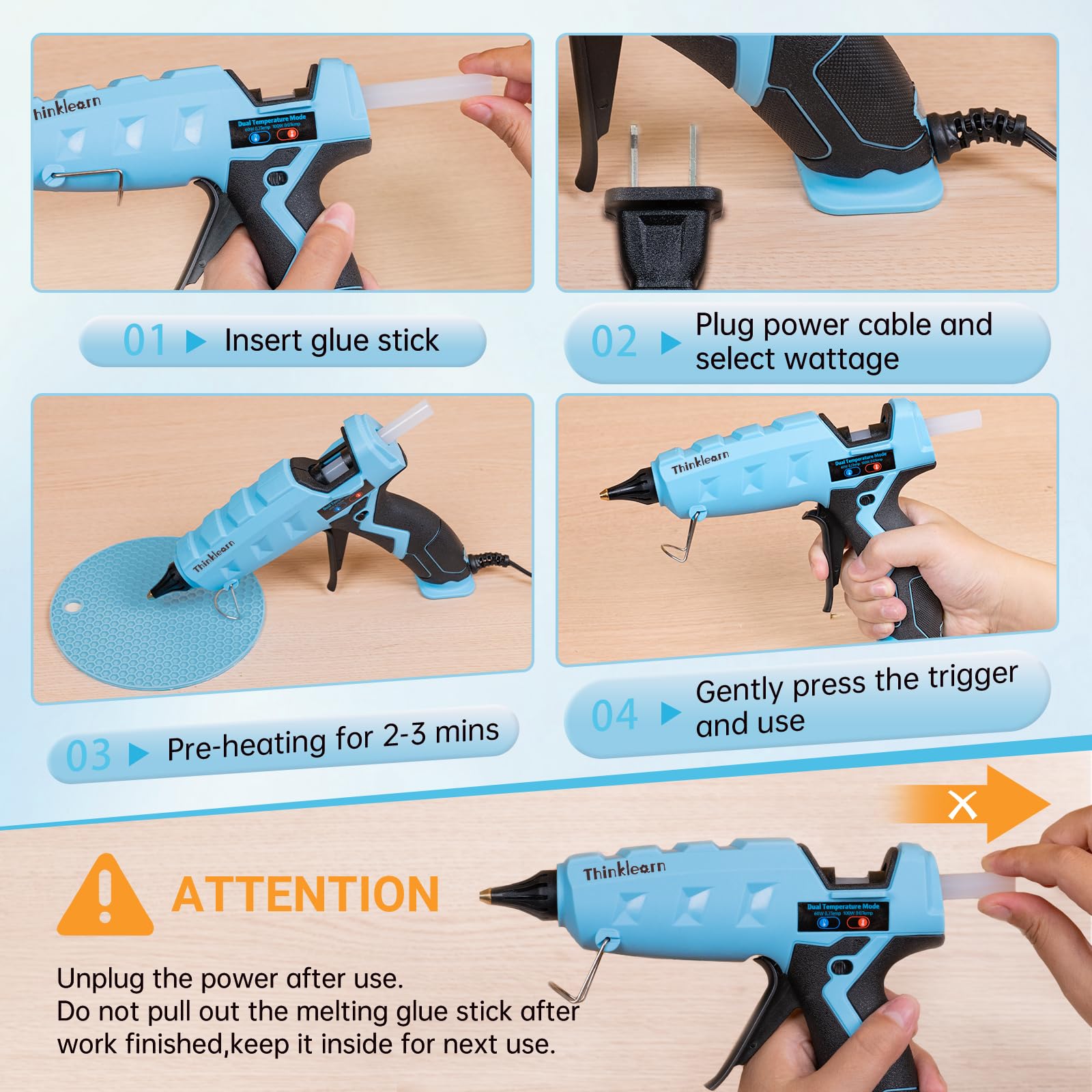 ThinkLearn Kit pistola per colla a caldo a doppia potenza da 60/100 W con 15 bastoncini di colla (7/16"), pistola per colla grande resistente per artigianato, fai da te, riparazioni domestiche, blu