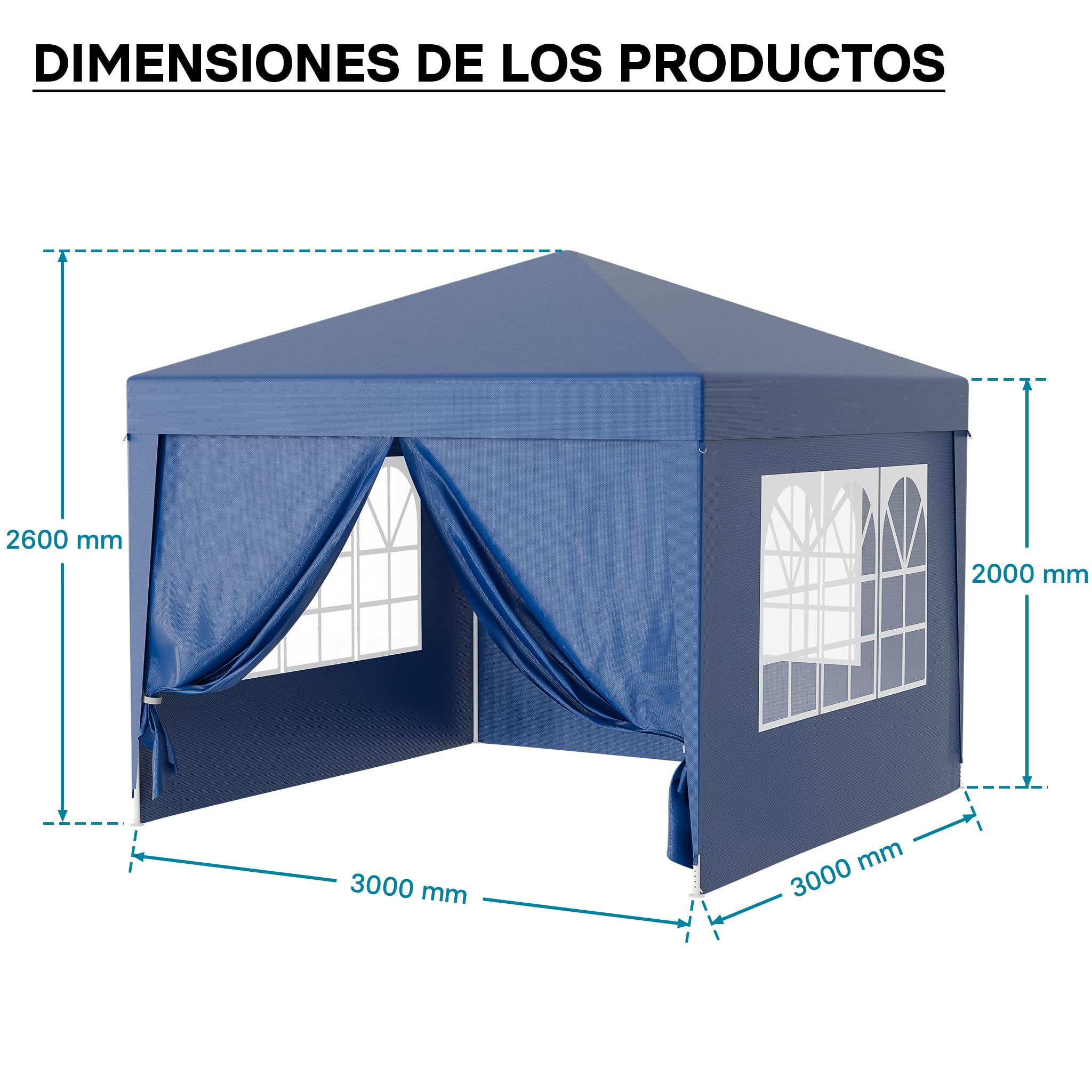 Wiltec Carpa de jardín 3 x 3 m Azul con protección UV 50+, Gazebo con Laterales enrollables, pabellón para Fiestas con Ventanas, Ideal para terrazas y Festivales
