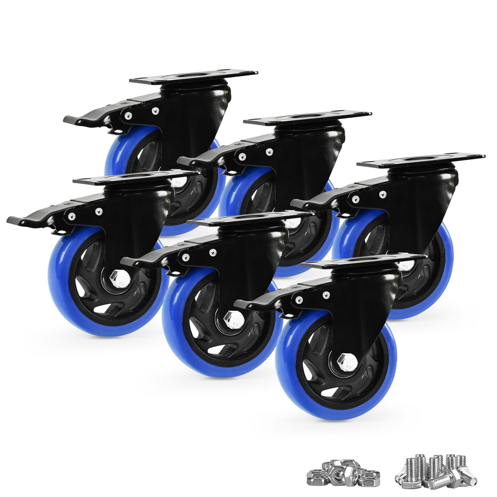 Caster Wheels, Heavy Duty 4 Inch Casters Set of 6, Locking Swivel Casters Wheels for Cart, Furniture and Workbench, Blue — image 1