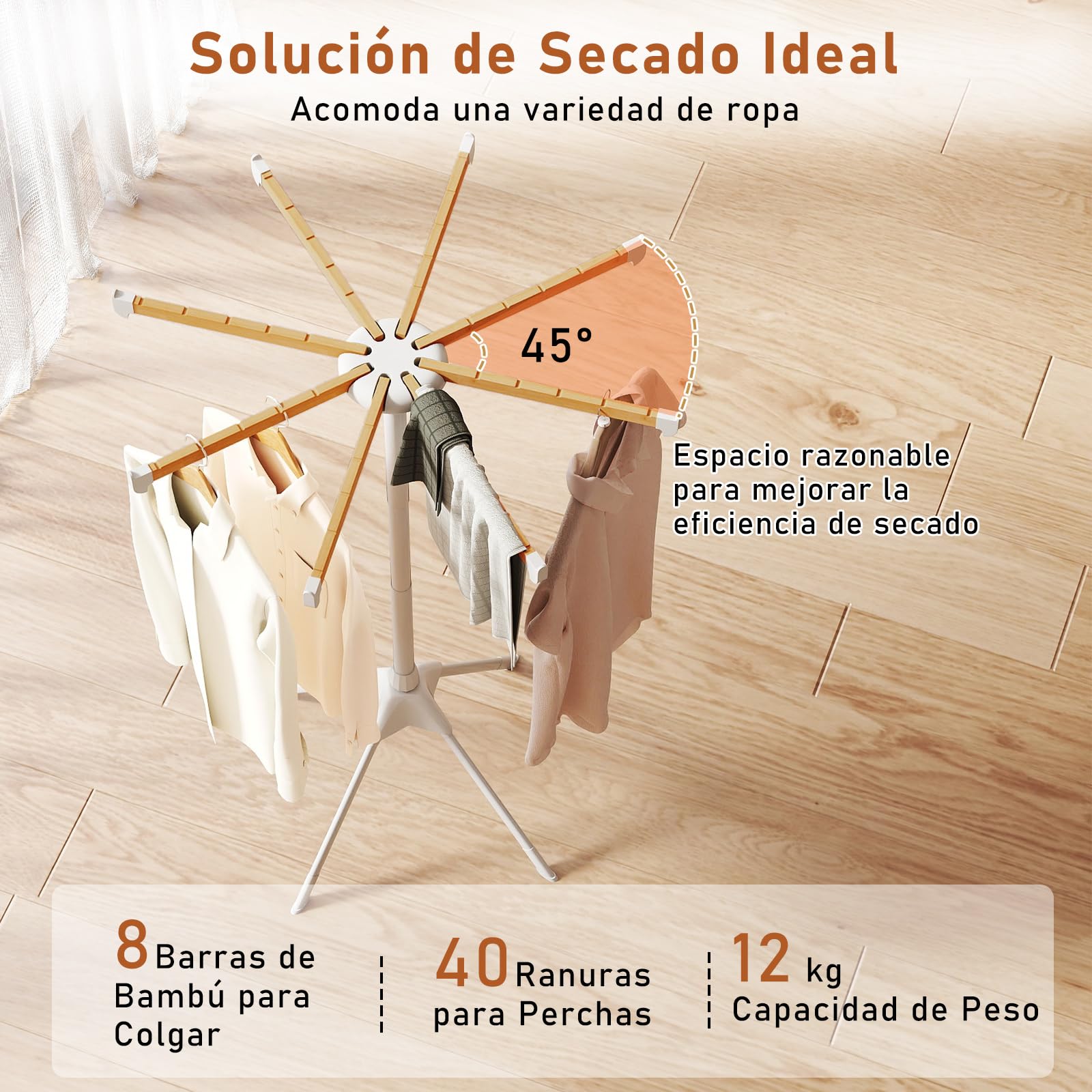 GOPLUS Tendedero Plegable, Tendedero con 8 Barras Extraíbles y 40 Ranuras para Colgar, Soporte para Secar Ropa con Patas Antideslizantes, Perchero de Pie que Ahorra Espacio