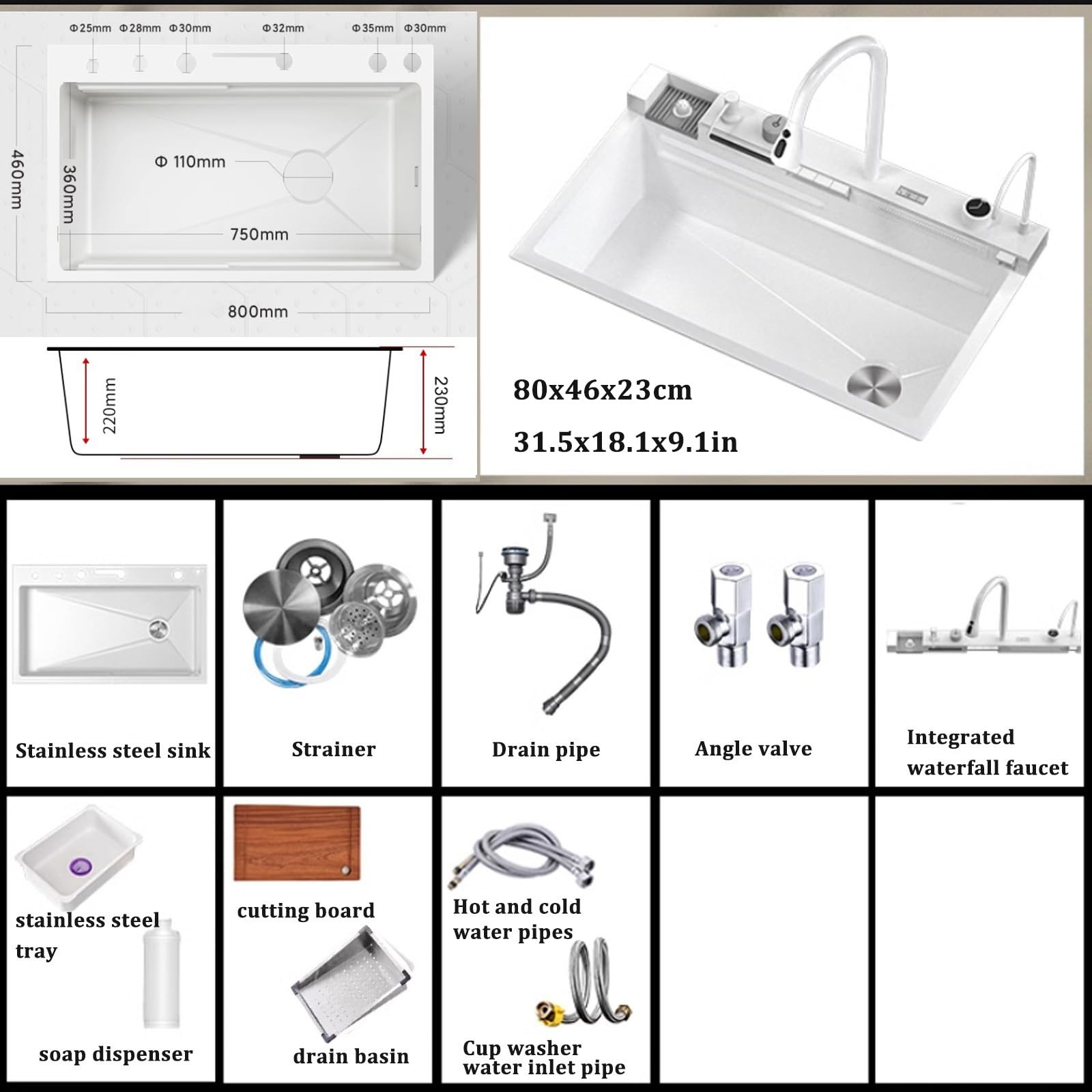 Fregadero de Cocina Moderno de Acero Inoxidable 304 para instalación bajo encimera – 80x46x22cm Acabado Cepillado Blanco 2 Orificios Cesta coladora Rectangular Duradero y Elegante para cocin