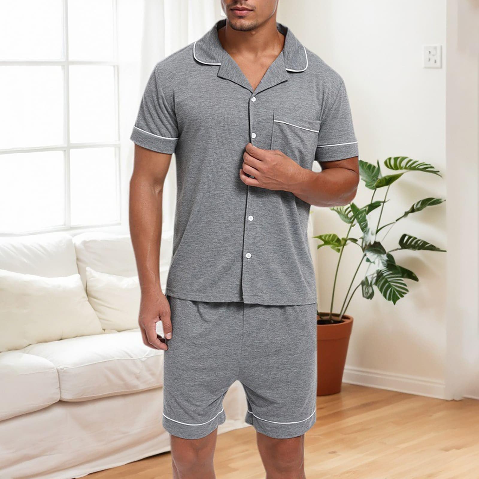 Pijama corto para hombre y hombre, conjunto de pijama de manga corta con botones, ropa de dormir de dos piezas con botones y bolsillos