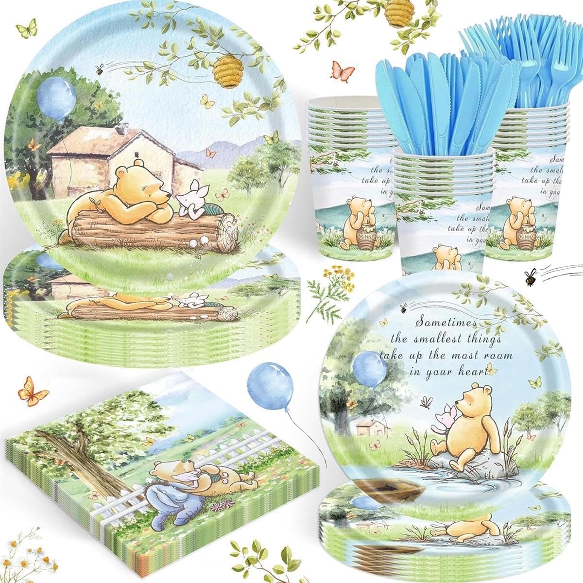 120PCS Winnie Baby Shower Party Supplies Babyshower 1st Party Decorations for Kids Girls Birthday Neutral Classic Bear Tableware Set Include Plates,