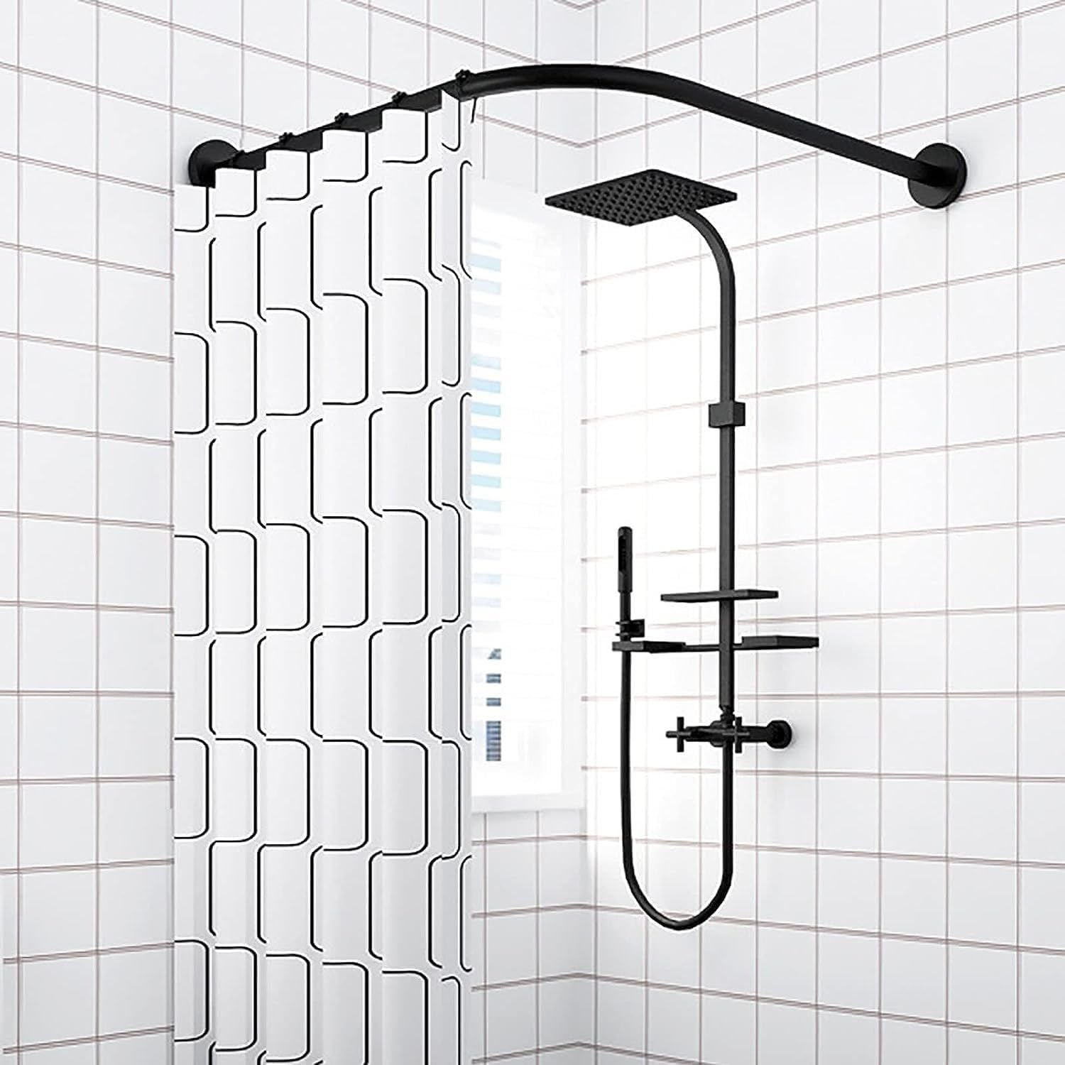 Generico Supporto angolare Regolabile per Tenda da Doccia, Asta Curva - Facile Installazione, Asta a Tensione per Vasca da Bagno, Design a L, Acciaio Resistente, Ideale per soluzioni salvaspazio
