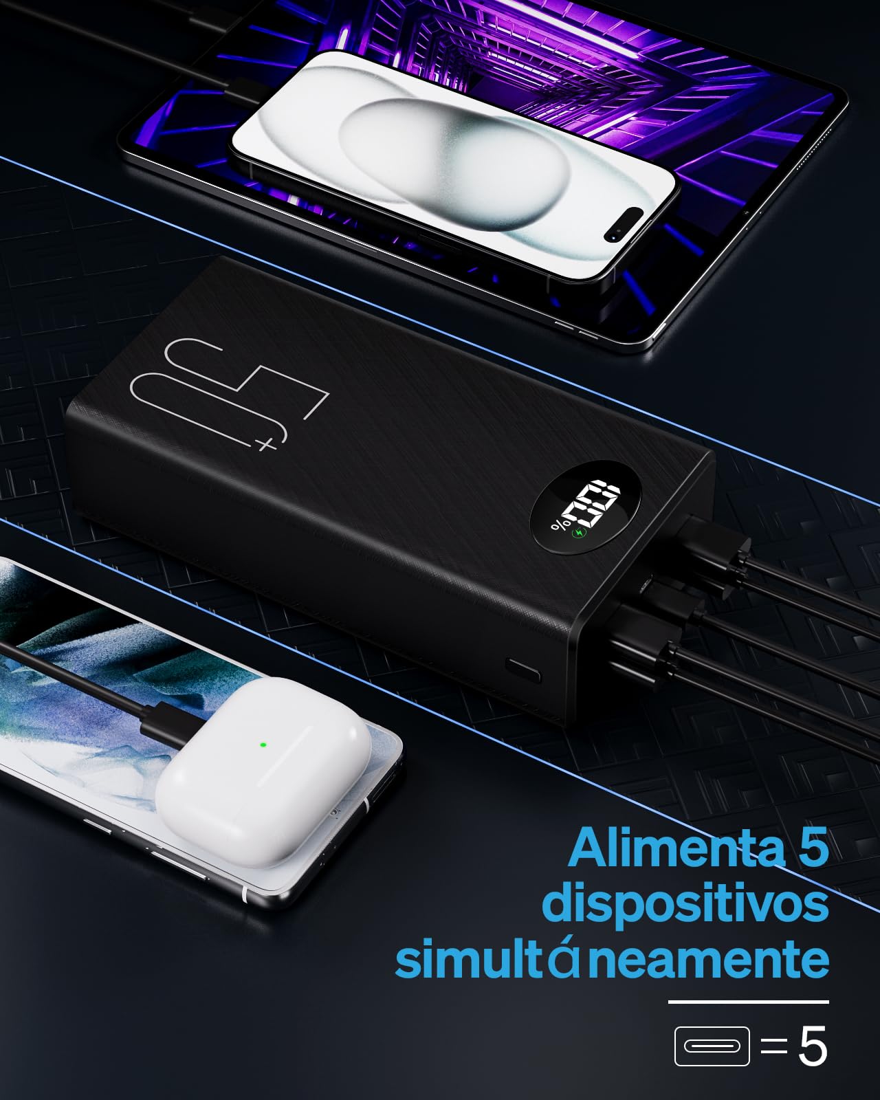 Power Bank 50000mAh Cargador Portátil: Batería Externa de Carga Rápida de 22,5 W - Powerbank con 5 Salidas y 2 Entradas y Linterna-Power Bank MP3 Avec Cargador