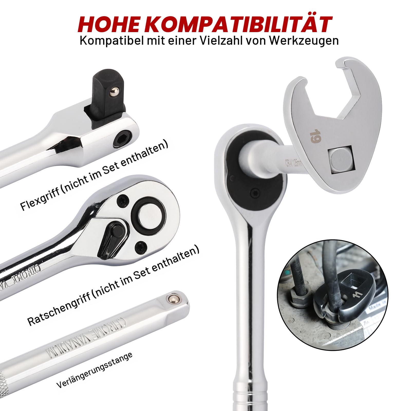 Casoman Hahnenfußschlüssel-Set, 3/8-Zoll-Antrieb, 8-24 mm, offenes Ende, metrisch, CR-MO, mit Adapter und Verlängerungsstangen, 18-teilig