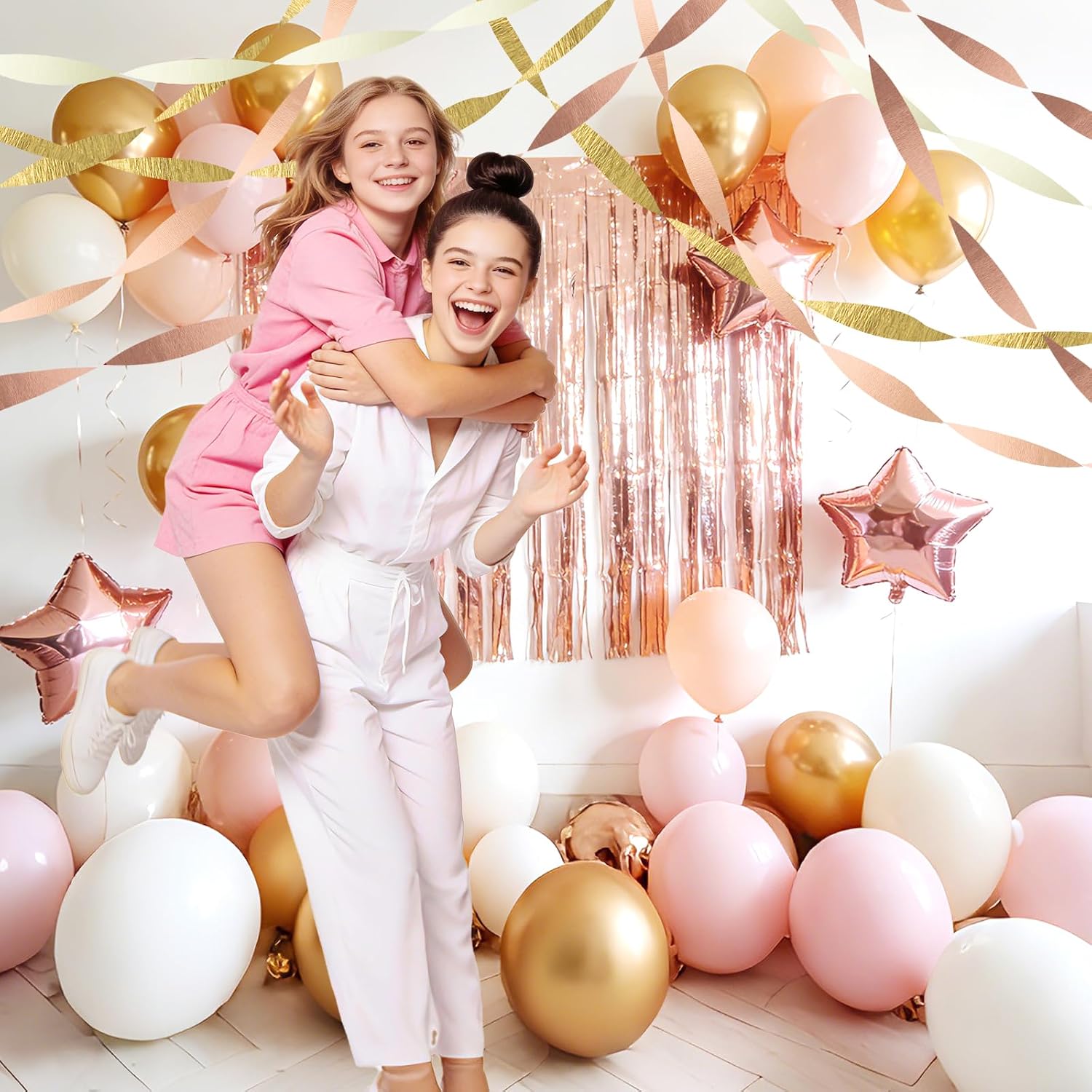 AOYOO Rose Gold Pink Streamers - 6 Rolls Metallic Gold & Blush Crepe Paper Streamer Decorations for Birthday, Wedding, Bridal Shower, Baby Shower, Bachelorette - Elegant Boho Hanging Backdrop Decor