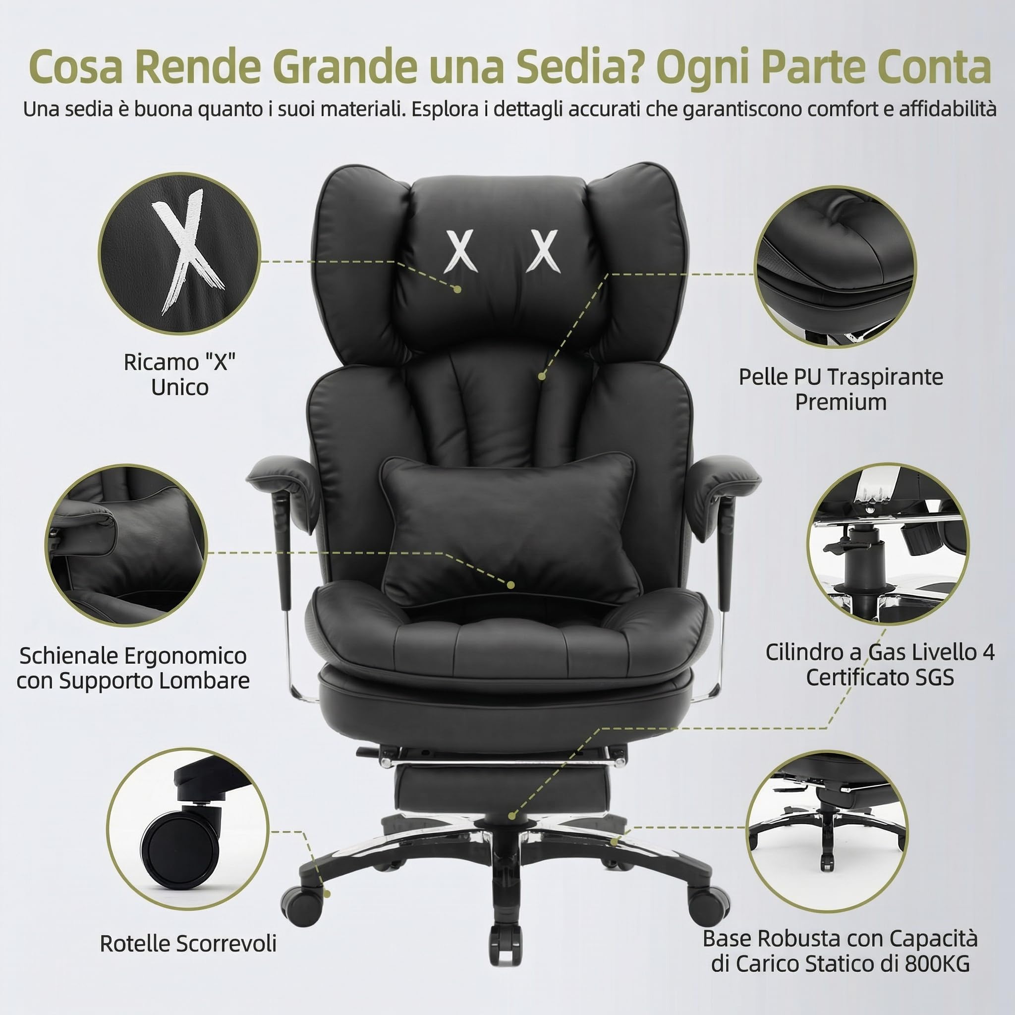 Efomao Sedia ufficio in pelle PU con ricamo X, grande e alta, schienale alto regolabile, sedia da gioco computer, girevole executive 200 kg, poggiapiedi e supporto lombare