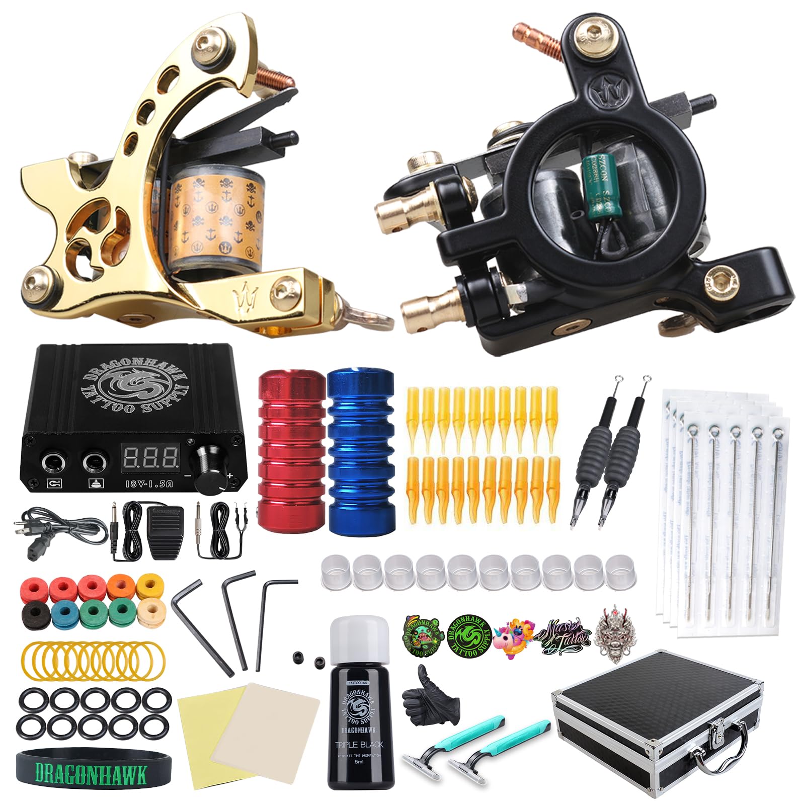 Complete Tattoo Kit for Beginners 2 Pro Tattoo Machine Tattoo Power Supply Kit Tattoo Inks 20 Tattoo Needles Tips Tattoo Supplies