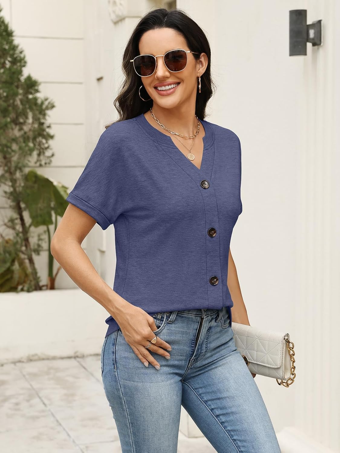Womens Button Down Shirts Short Sleeve Summer Tops Loose Fit V Neck T Shirts Casual Ladies Tunic Tees 2026 - Image 4