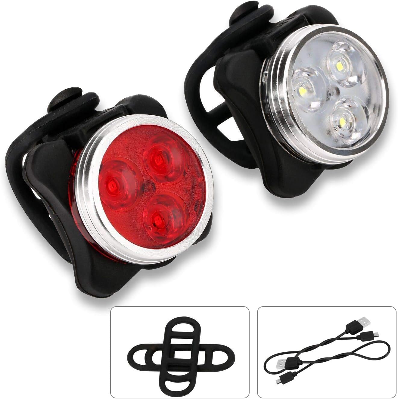 Kumkey Bike Light Set Super Bright Cycling Headlight & Taillight LED USB Rechargeable Bicycle Lights Waterproof Mountain Road Bike Lights Cycle Lights