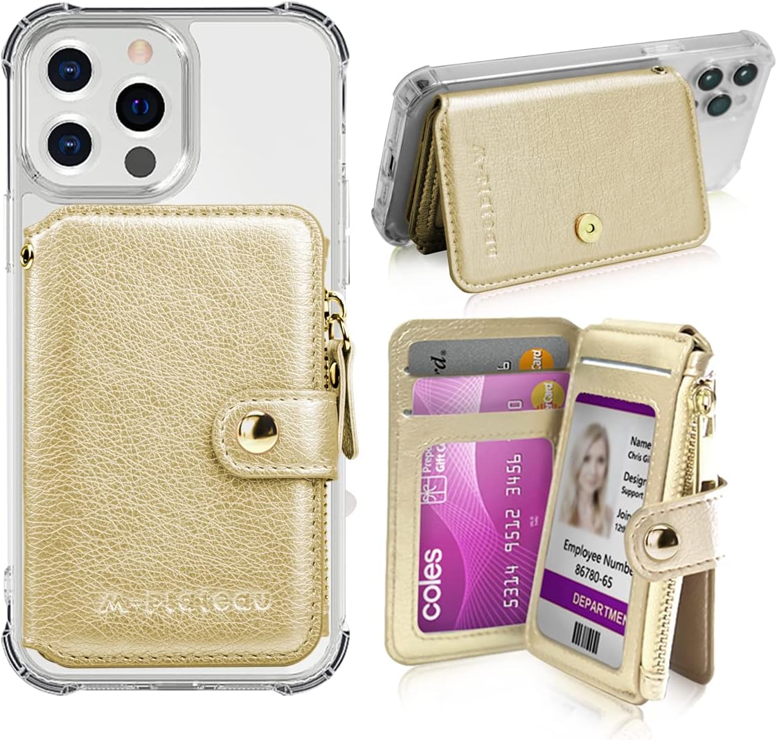 M-Plateau Phone Wallet Stick On PU Leather Card Holder with Zipper Coin Pocket Compatible with iPhone and iPhone Case for Women with 3M Adhesive and Phone Lanyard(Gold)
