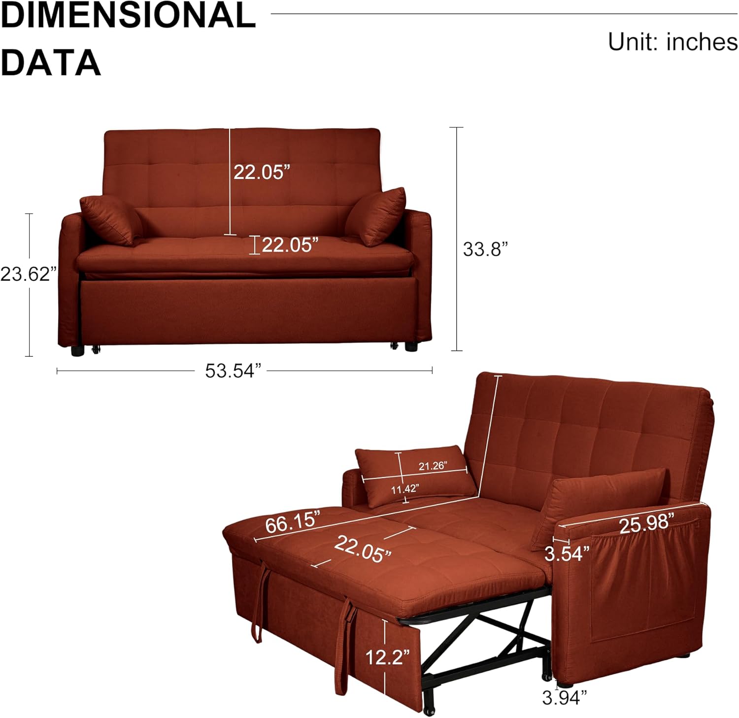 Pull Out Sofa Bed, 3 in 1 Convertible Loveseat Sleeper Sofa Couch with 2 Pillows, Side Pocket for Living Room, Reading Room, Bedroom, Office (Red, Funton)