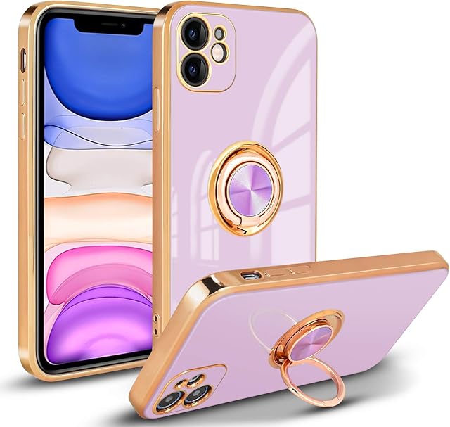Newseego Compatible with iPhone 11 Case, Electroplated Slim Soft Silicone Shockproof iPhone 11 Protective Cover, 360 Degree with Rotation Magnetic Car Finger Ring Holder for iPhone 11(6.1")-Purple