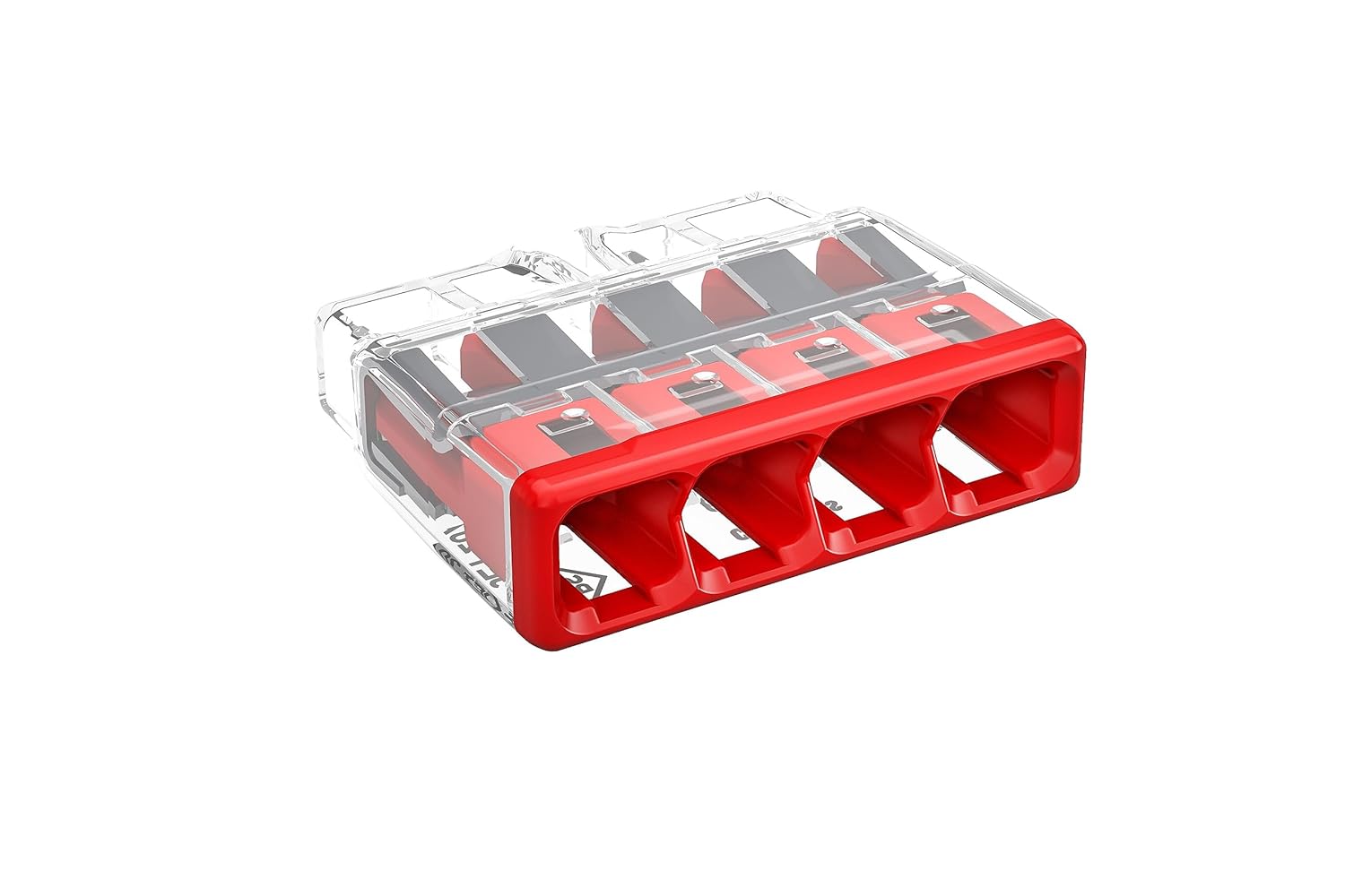 WAGO COMPACT splicing connector; for solid and stranded conductors; max. 4 mm²; 4-conductor; red cover; Surrounding air temperature: max 85°C (T85); 4,00 mm²; transparent, 2773-404 (80 pcs)