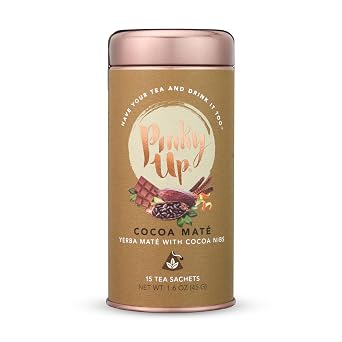 Pinky Up Cocoa Mate Tea Bags in Tin, Yerba Mate Blend Infused with Cocoa Nibs & Citrus, 15 Oversized Pyramid Tea Sachets, Perfect for Morning or Afternoon Energy Boost, Smooth & Refreshing Taste