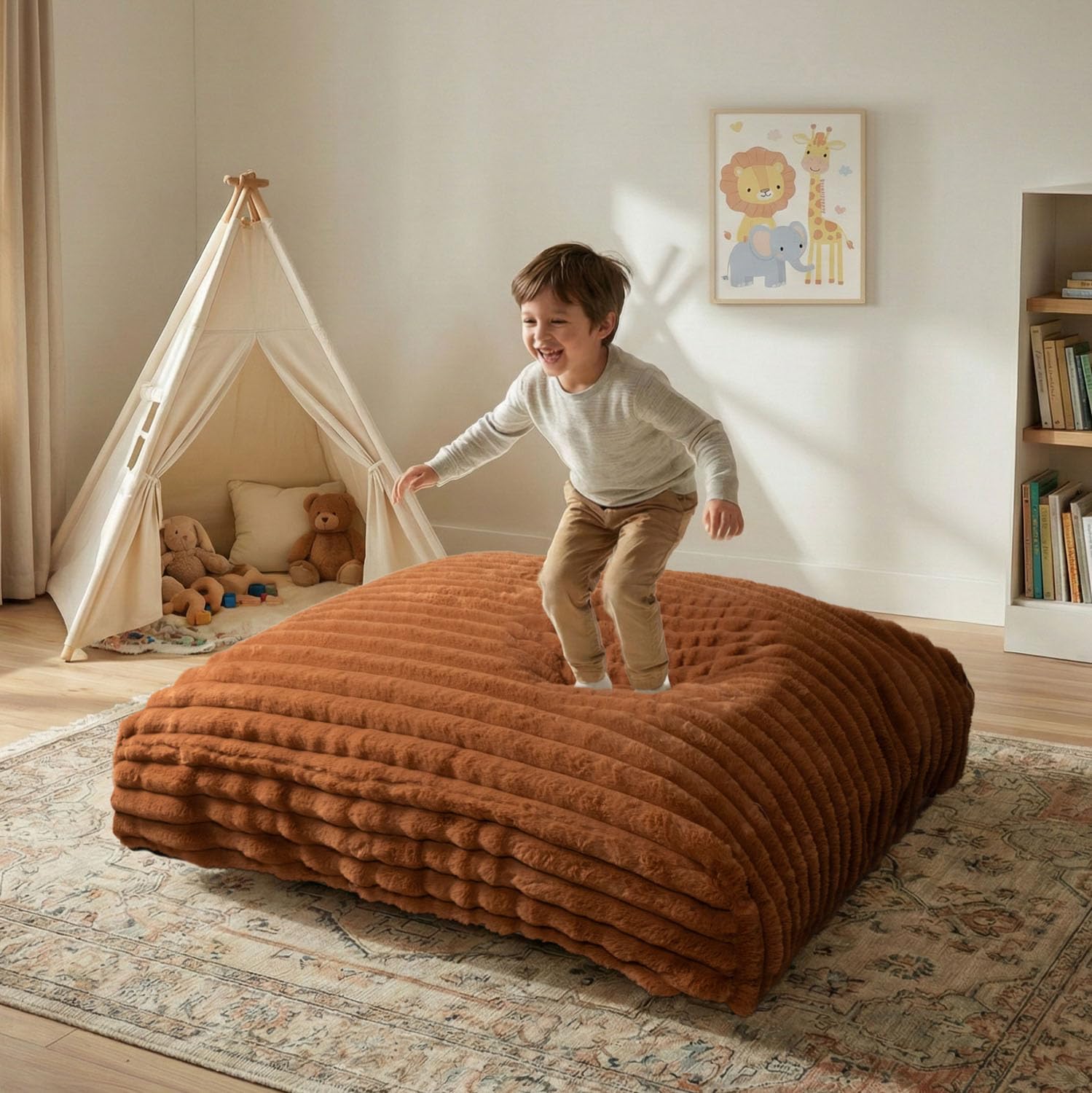 Matini Home Large Crash Pad - High-Density Foam Floor Landing Mat with Washable Cover, Professional Gymnastics Training Equipment for Impact Support, Jumping and Lounging - Brown, 48" X 48"