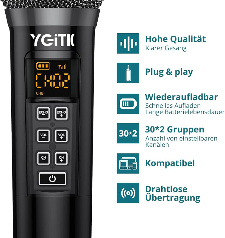 YGiTK UHF Professzionális Vezeték Nélküli Mikrofonszett - 2x30 Csatornás Kézi Mikrofon, 6-10 Órás Üzemidő, Karaoke, Buli, Esküvő, DJ