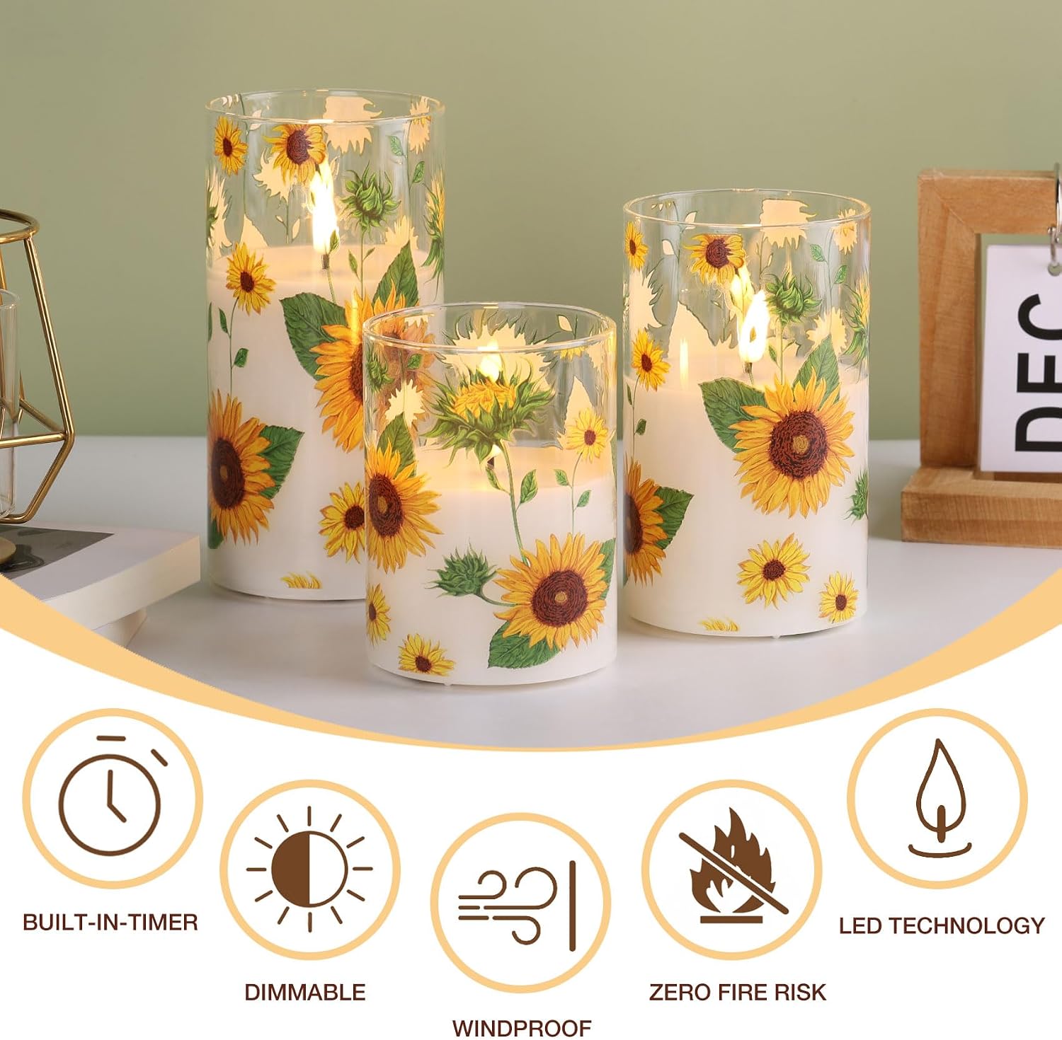 Sunflower Glass Flameless Pillar Candles with Remote, Flickering LED Battery Candles Spring Home Decor Set of 3