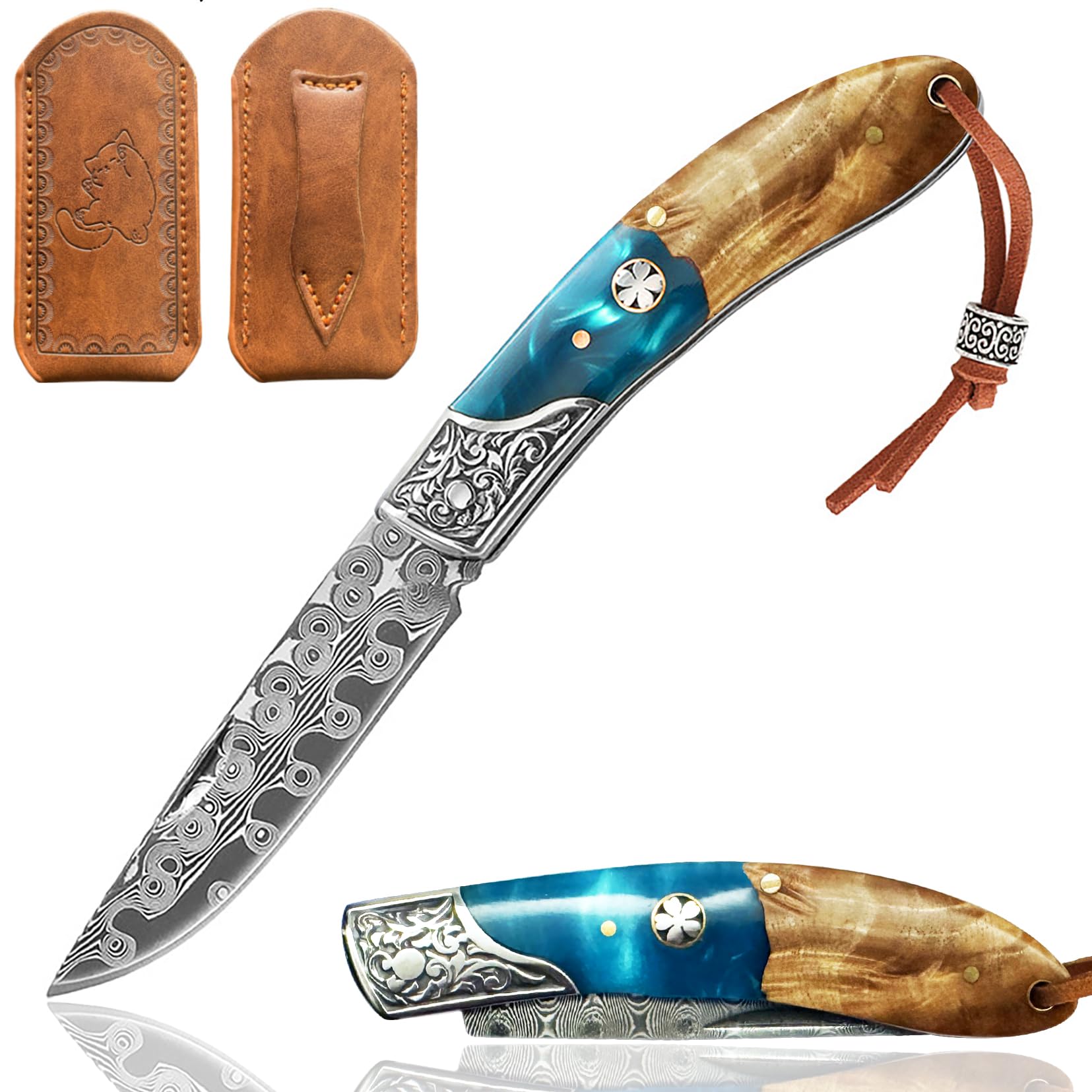 Pocket Knife for Men, Damascus Folding Knife with leather sheath, Premium Wood Handle with Brass Inlay, Classic vintage Manual Opening Knife for Dad (Two-color stable wood)