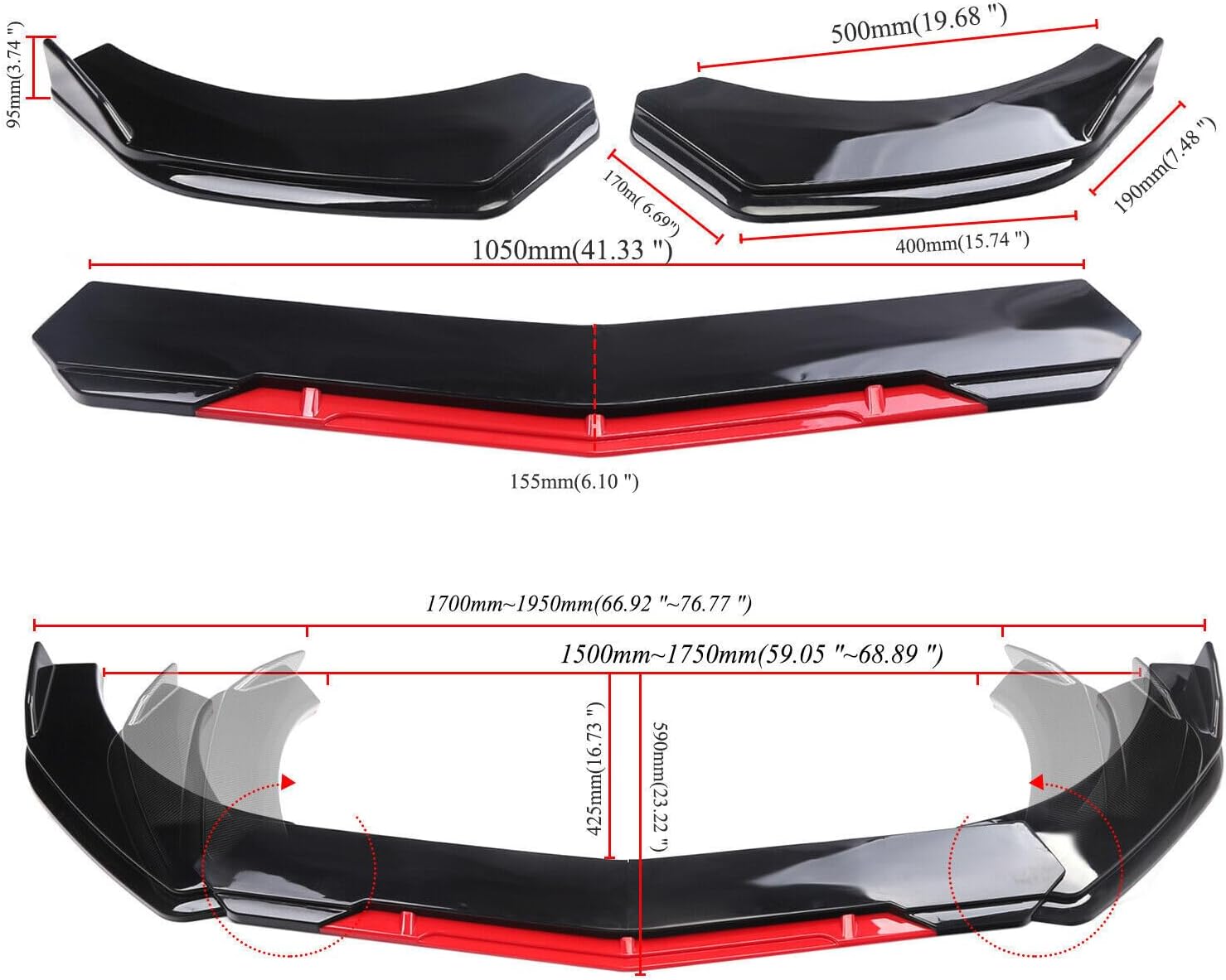 Gloss Black Bumper Lip Spoiler Splitter Fit for 1997-2002 2010-2021 Chevy Camaro LS LT1 SS Coupe Convertible Front Rear Body Kit Side Skirt (Red Front Lip)