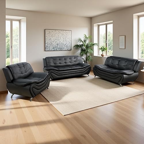 Miniatura 52 de Sofás Seccionales de Cuero, Conjuntos de Muebles de Sala de Estar, 3 Piezas Conjunto de Sofá Moderno para Sala de Crema