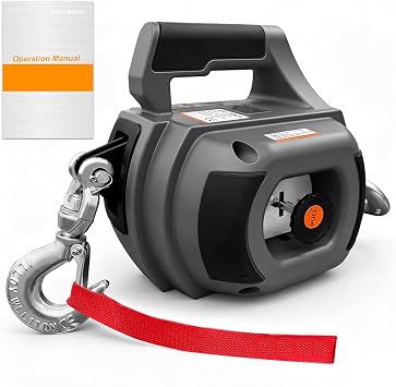 1000LBS Drill Powered Portable Handheld Winch 40FTGray | Galvanized Anti-twist Alloy Steel Cable, Integrated 2 Speed Clutch, Powered by 5/16 Drill, Visible Window Design, 360 Hook
