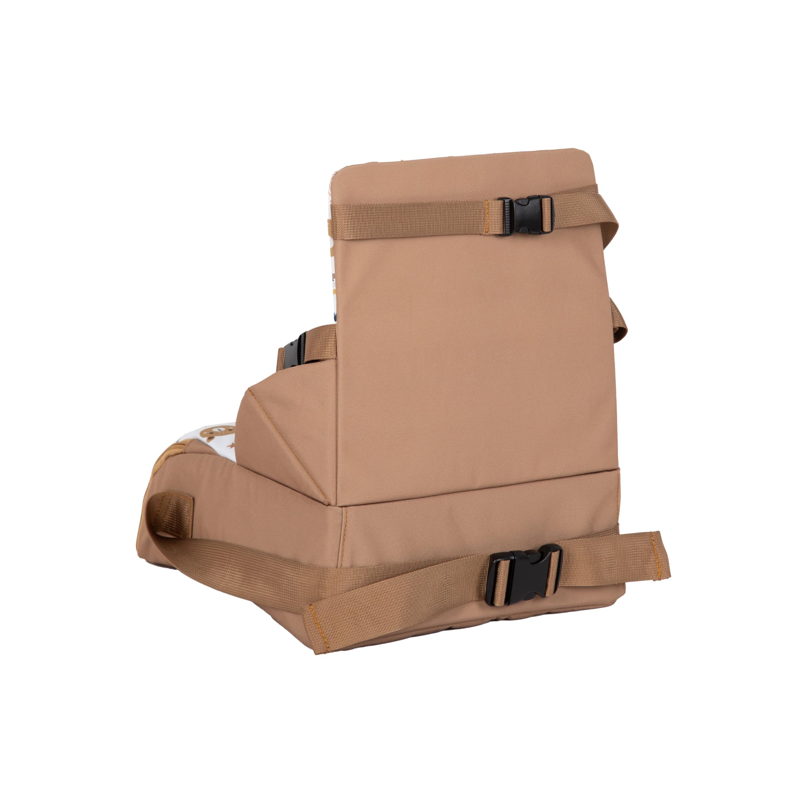 TINÉO - Réhausseur Nomade - Adaptable A Toutes Les Chaises - Ultra Compact - Transportable - Harnais De Sécurité - Rangement Compartimenté Et Fermé dans L'Assise (Camel Ourson)