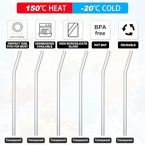 Miniatura 3 de Hosuly 36 popotes de vidrio curvo reutilizables con 12 cepillos de limpieza de 0.315 x 0.315 in, popote de vidrio doblado transparente para beber,