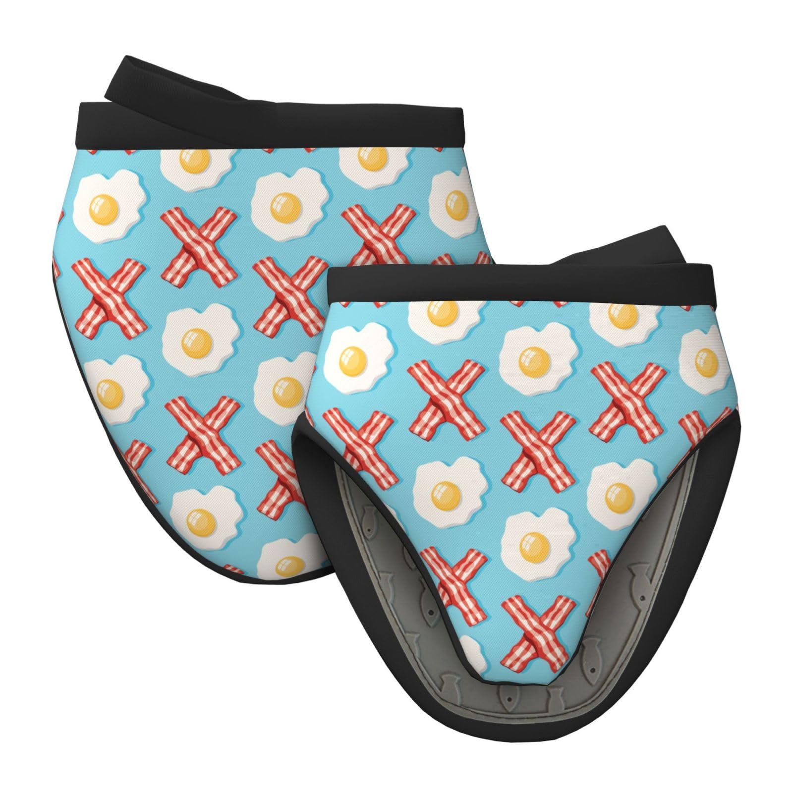 Silicone Oven Mitts, Heat and Slip Resistant Kitchen Mittens 2-Pack Set, Eggs Bacon Short Soft Oven Gloves
