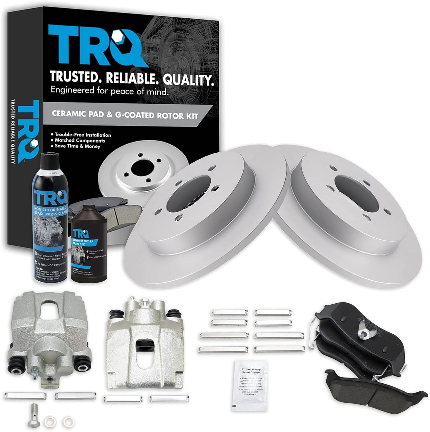 TRQ Rear Ceramic Brake Pad Coated Rotor & Caliper Kit w/Fluids Compatible with Ford Explorer