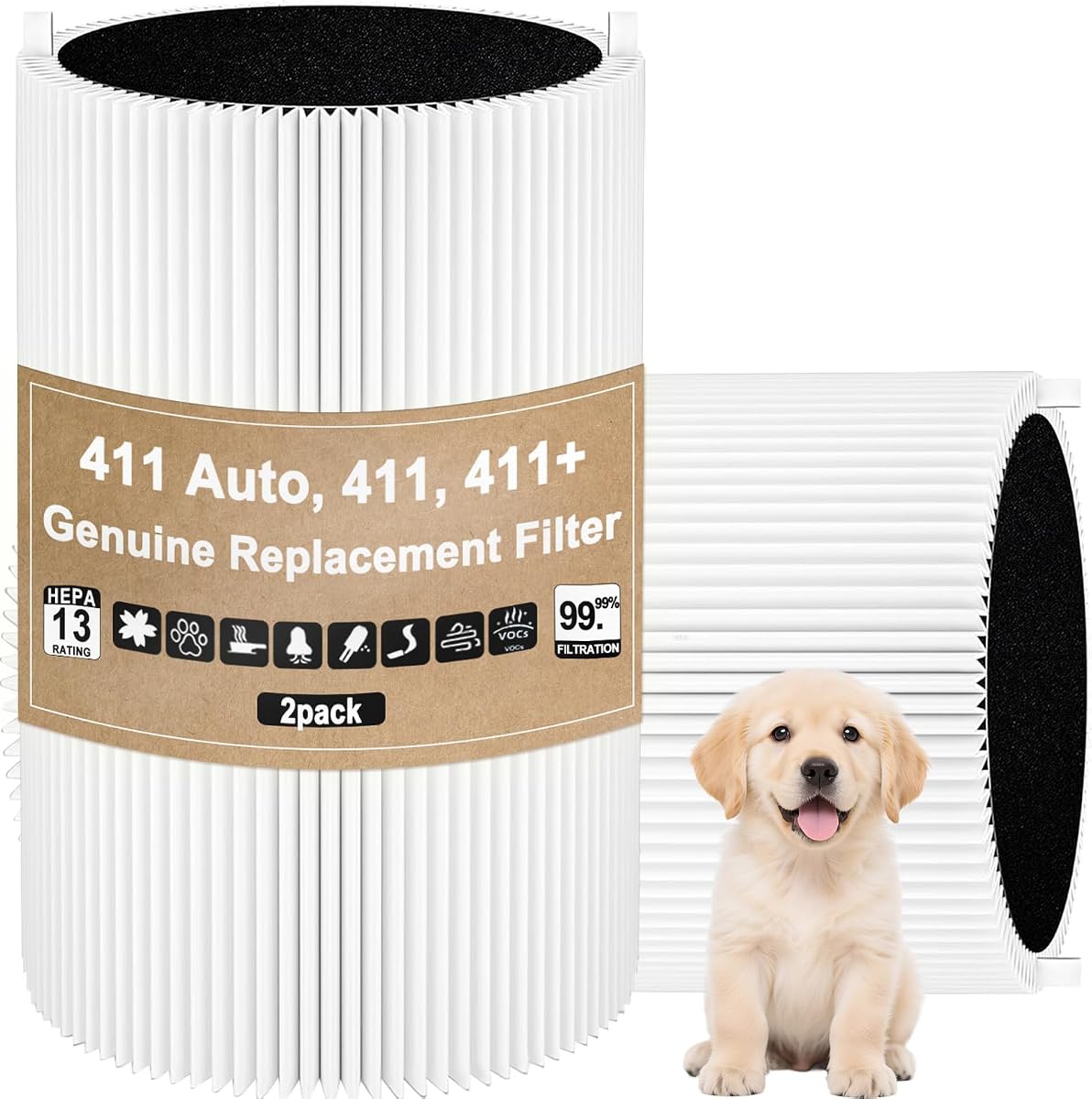 Paquete de 2 filtros de repuesto Blue Pure 411, filtro de carbón activado H13 True HEPA compatible con Blueair 411 411+ 411 Auto y Mini purificador de aire, filtro de partículas 2 en 1 que elimina el olor a humo del polvo de la caspa de mascotas
